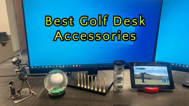 desk with a lot of golf accessories on it